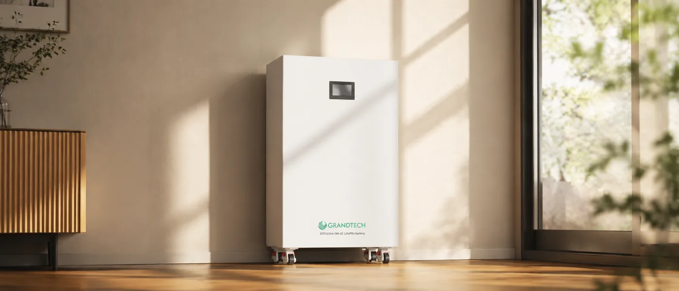 Grandtech LiFePO4 battery installed in a sunlit modern living space